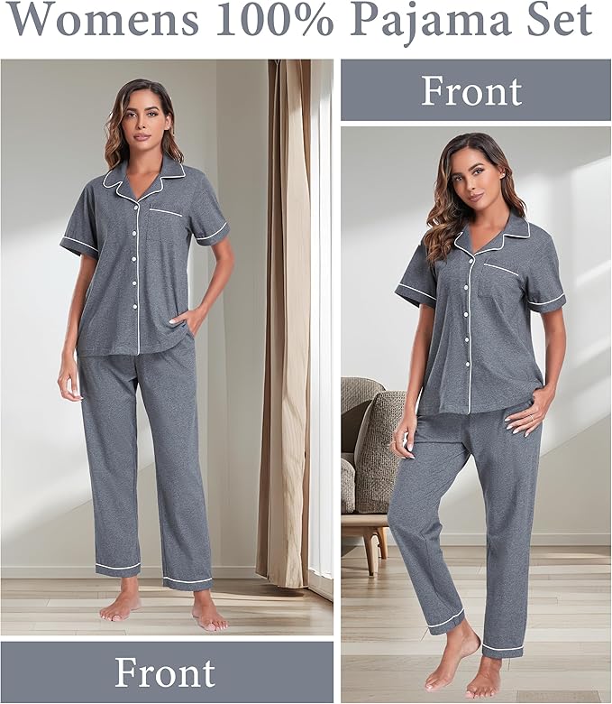CF Womens 100% Cotton Pajamas Set Button Down Pjs Sets Short Sleeve Top & Long Pants Sleepwear Comfy Loungewear with Pockets