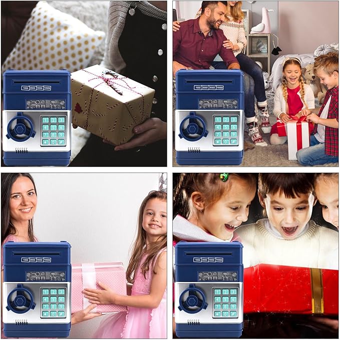 Piggy Bank Electronic Mini ATM for Kids Toy, Safe Money Saving Box Coin Banks Password Code Lock for 3-14 Years Old Kids, Boys Girls Ideal Gift (Grey Blue)