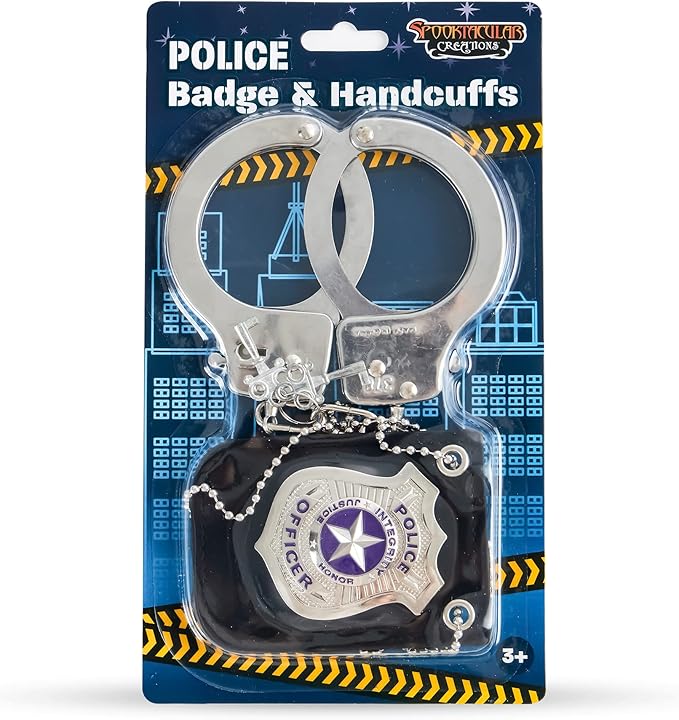 Spooktacular Creations Police Pretend Toy Set for Kids, Silver Police Badge Handcuffs, Cop Play Costume Accessories, Halloween Party Favors, Detective Dress Up, Christmas Stuffers for Boys Men Women