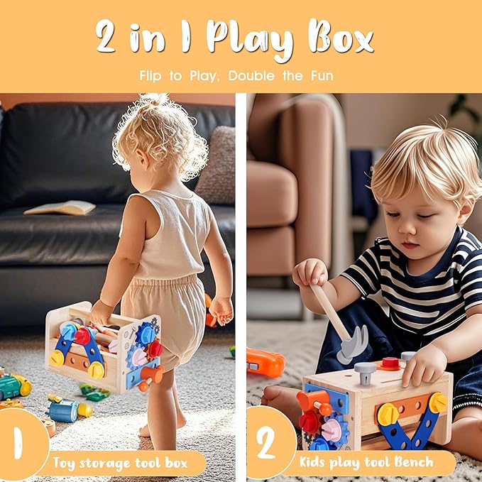 REXBETI Kids Tool Set, 43Pcs Wooden Toddler Tool Bench with Electric Drill, Apron and A Pack Stickers(50pcs), Montessori Construction Toddler Tool Set