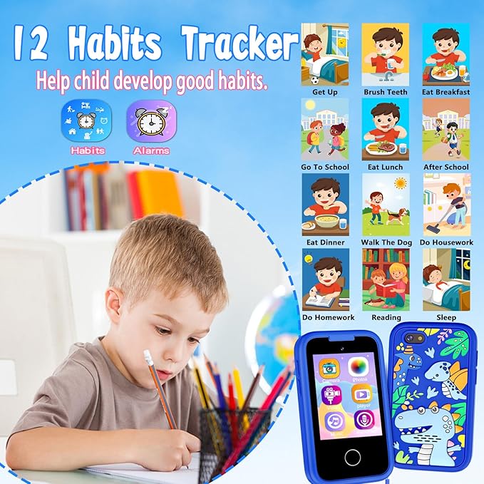 Kids Phone Birthday Gifts Toy for 3 4 5 6 7 8 9 10 Year Old Girls Boy,Toddler Kid Smart Phone with Dinosaur Silicone Cover Educational Games,Music Player,Toys for Girls Boys Age 3-8(Blue)