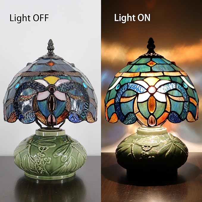 Small Tiffany Lamp Mushroom Table Lamp, Mini Stained Glass Desk Light Memory Sympathy Ceramic lamp 8X11 Inch (Blue Baroque Style)