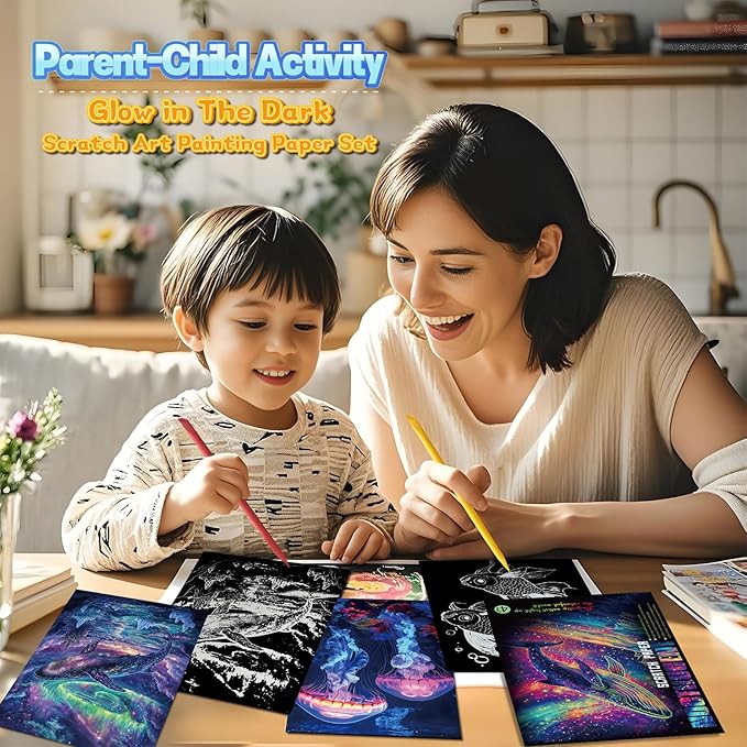 Scratch Paper Art for Adults-Glow in The Dark Scratch Painting Craft Kit (8 Sheets A4)|Foil Engraving Art Set|Stress Relief Gift for Craft Lovers|Creative Scratch Art Home Decor(Whales&Jellyfish)