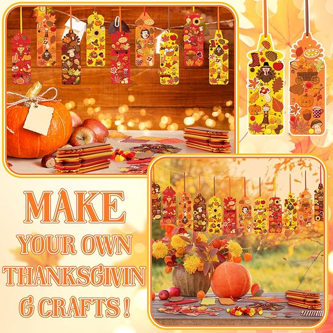 48 Sets Fall Bookmark Crafts Kits DIY Fall Felt Decorations Art Bulk 490 Pcs Thanksgiving Pumpkin Turkey Maple Leaf Craft Kit with Glitter Foam Stickers for Classroom Activities Autumn Party