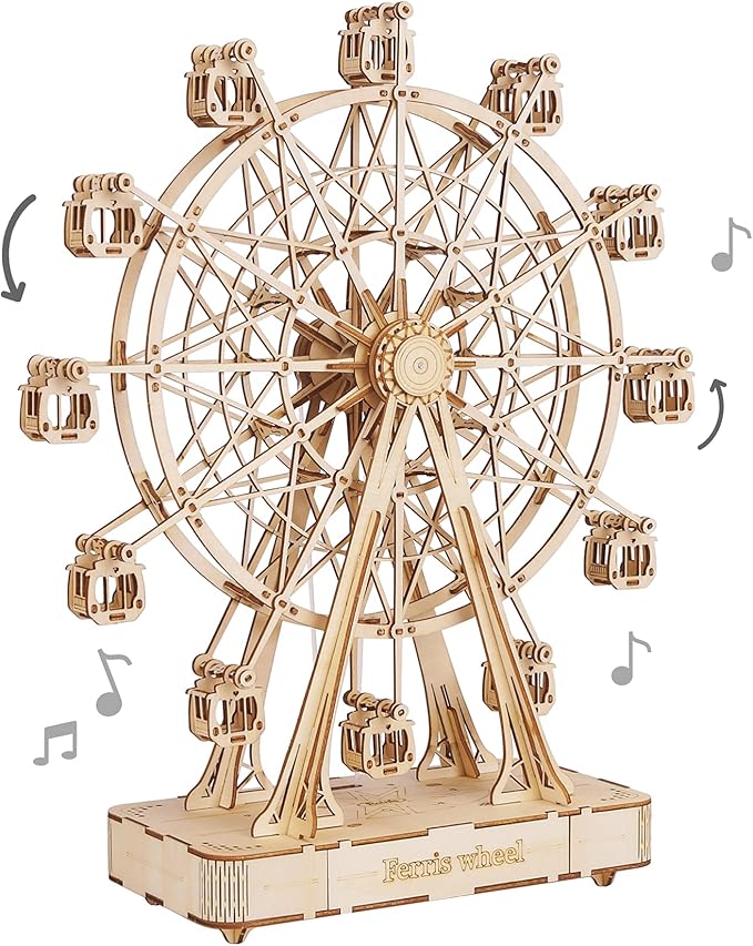Rolife 3D Wooden Puzzle Hand Crank Music Box Machinarium Toys-DIY Wood Craft Kit-Creative Gift for Adults When Christmas/Birthday (Ferris Wheel Wood Color)