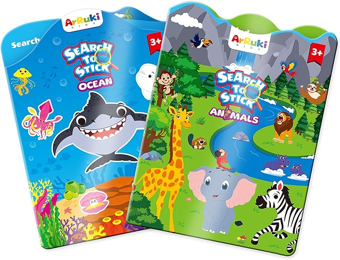 Reusable Sticker Books for Toddlers 3-5 Years, 2 Sets Jelly Sticker Books, Toddler Travel Toys Craft Activities for Kids-Ocean Wrold, Safari
