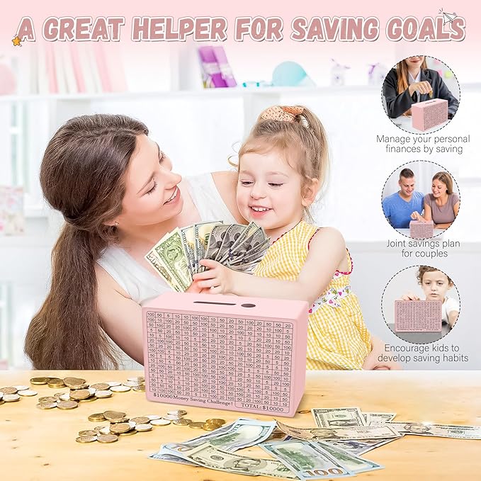 Wooden Cash Savings Box with Counter, Vault Bank for $10000 $5000 $3000 $1000 $800 $500 Target Money Challenge, Reusable Money Box with Dry Erase Pen/Savings Trackers/Rubber Band-Pink