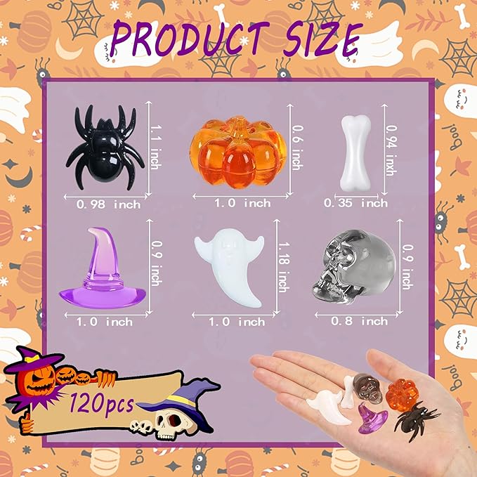 120pcs Halloween Acrylic Sensory Bin Filler, Mini Acrylic Pumpkin Ghost Skull Spider Witch Hats Gems Table Scatter Vase Filler for Autumn DIY Crafts Home Centerpieces Table Decorations