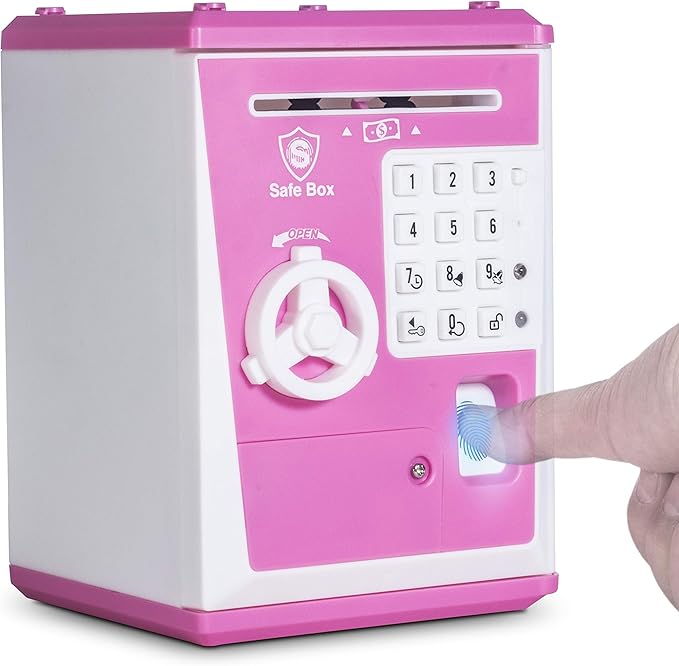 Toy Safe Box, Electronic ATM Piggy Bank, Money Coin Savings Bank, Finger Print Scanner Lock, Great Gift for Children Kids (Pink/White)