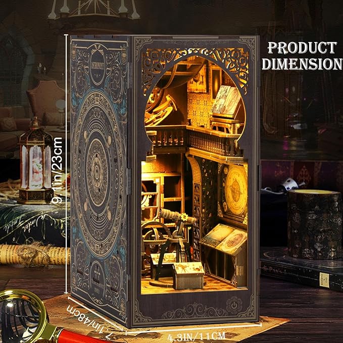 Book Nook Kits for Adults, 3D Printed DIY Miniature House Kit Astronomical Museum Booknook Wooden Puzzle Dollhouse Bookshelf Insert Decor with LED Lights Gifts for Book Lovers, Space Enthusiasts
