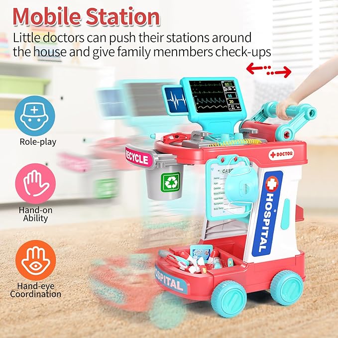 Doctor Kit for Kids, Pretend Doctor Playset for Toddlers with Cart, Costume and Stethoscope, Role Play Medical Toy for Girls Boys Toddlers 3-8 Birthday Gifts (Pink)