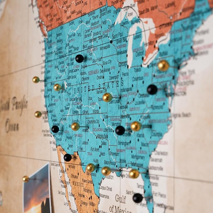 Canvas World Map with Cork Pin Board - English Lettering - Decorative Wall Decoration for All Rooms - Canvas Pictures with World Map Motif (120x80 cm, Pattern 3)