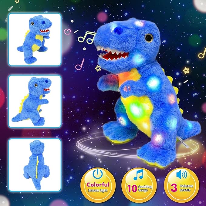 Cuteoy Light-up Singing Plush Blue Dinosaur LED Musical Stuffed Animal T-Rex Adjustable Volume Lullaby Plushies Birthday Christmas Toy Gifts for Kids Toddler Girls, 12"