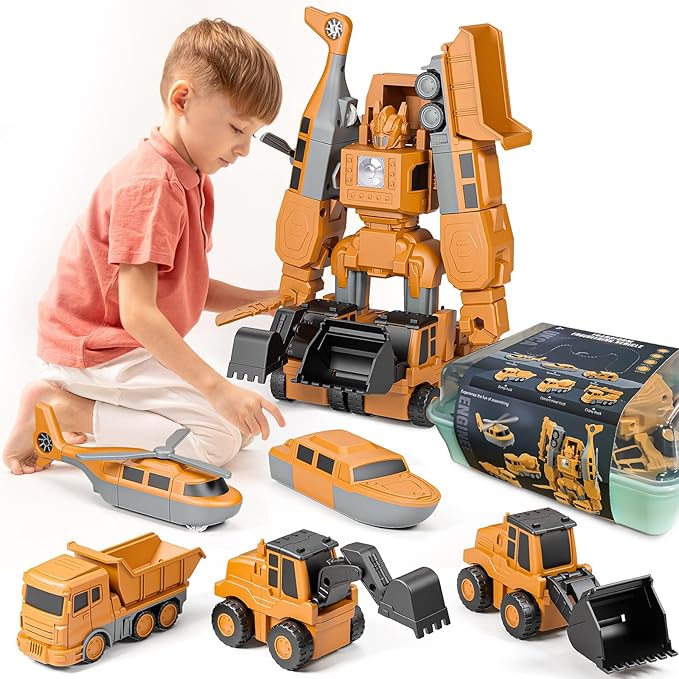 Transforming Robot Toys Set for Boys, 6 in 1 Magnetic Construction Trucks Transform Robot Play Vehicles with Storage Box (Construction Toys)