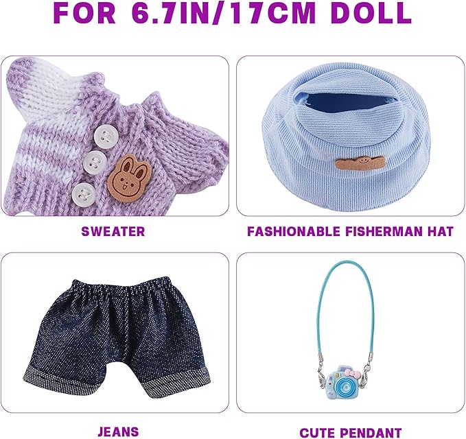 17cm Doll Clothes Set 4-Piece Outfits for Doll Purple Fashion Clothing for Plush Dolls Accessories with Purple Knit Sweater, Jeans, Mini Backpack Charm & Blue Bucket Hat