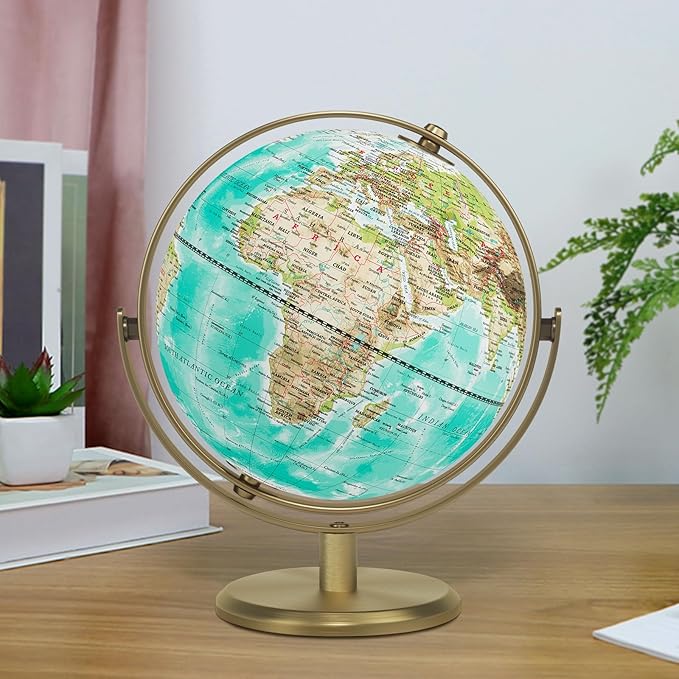 8'' World Globe with Gold Stand 720° Rotating, Kids Adults Student Geography Educational, Desk Globe Decorative Office Classroom, Unique Birthday Christmas Gifts (Elegant Turquoise)