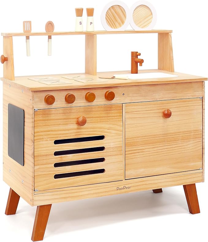 PairPear Wooden Play Kitchen Set, Solid Pine Wood 2 in 1 Kids Kitchen & Market Shelf with Chalkboard, Natural Finish, 7 Piece Pretend Play Kitchen playset for Age 3+