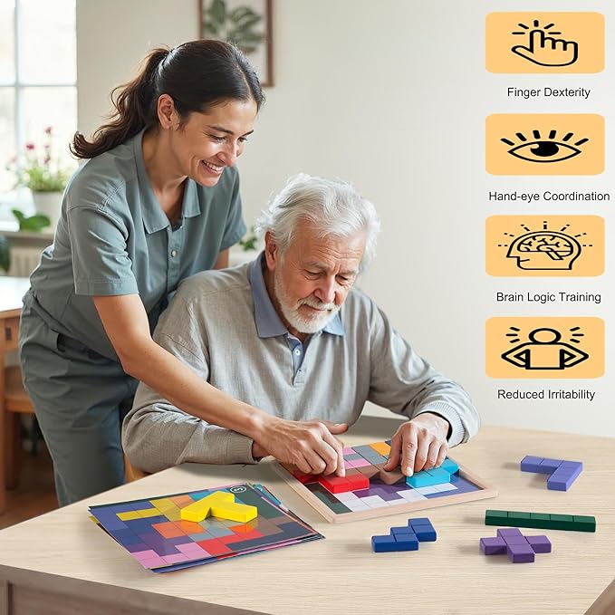 Dementia Products for Elderly, Wooden Tiles Matching Game with 40 Templates, Dementia Activities for Seniors, Easy Memory Games for Alzheimer's, Large Puzzle Pattern Blocks