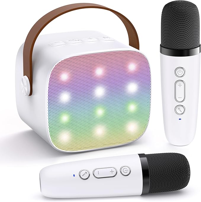 Mini Karaoke Machine for Kids Adults, Portable Bluetooth Speaker with 2 Wireless Microphones,Toys Birthday Gifts for Girls 3, 4, 5, 6, 7, 8, 9, 10, 11, 12+ Years Old Toddler Teens(White)