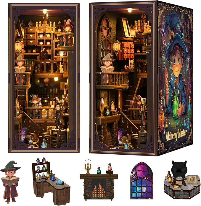Book Nook Kit - DIY Miniature Dolls House Kit with Furniture and LED Light, 3D Puzzle Wooden Art Bookends, Model Kits for for Adults and Teens (Potion Master)