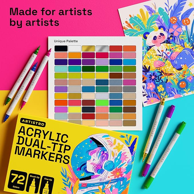 ARTISTRO 72 Dual Tip Brush + Fine Acrylic Paint Pens Ideal for Calligraphy - Paint Markers for Fabric, Rock, Glass, DIY - Stocking Stuffers, Christmas Gift Idea for Teens, Grandkids, Kids