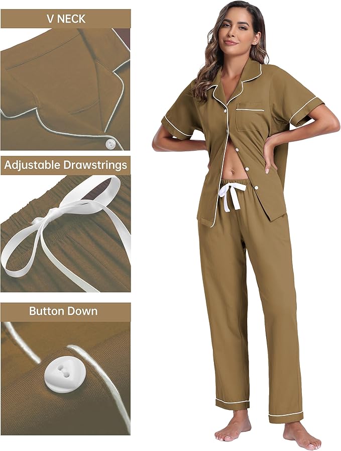 CF Womens 100% Cotton Pajamas Set Button Down Pjs Sets Short Sleeve Top & Long Pants Sleepwear Comfy Loungewear with Pockets
