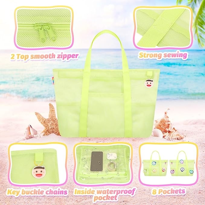 Tagitary Mesh Beach Bag with Zipper Large Beach Tote Waterproof Sandproof with 8 Pockets for Toys Pool Bag Beach Accessories
