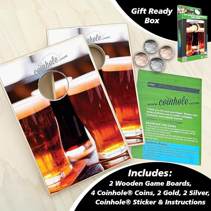 Coinhole Desktop Coin Bouncing Party Game Set | Tabletop Cornhole Board Game | Small Cornhole Travel Game Includes Coins