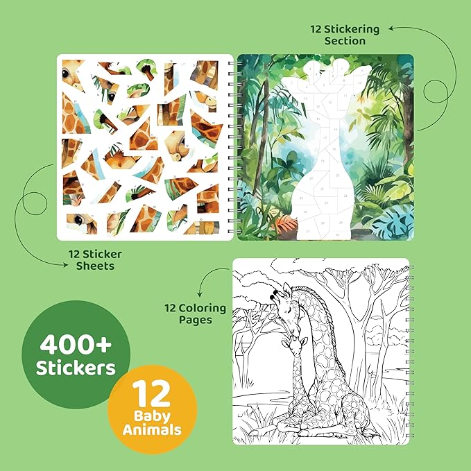 jackinthebox Sticker by Number Book, 12 Scenes Puzzle Paint by Sticker Book + Colouring Pages, Gifts for Birthday, Party Favor Toys for Girls, Arts & Crafts for Kids Age 7 8 9 10 (Baby Animals)