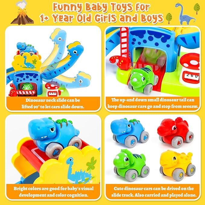 YGJT Toddler Toys for 1-3 Year Old Boys and Girls, Dinosaur Slide with 4 Dino Cars Montessori Toys Set for Baby 12-18 Months, Educational First Birthday Gifts Learning Push Track for Children Ages 1-3