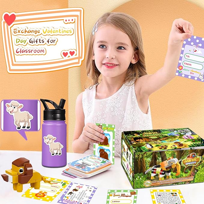 24 Packs Animal Building Blocks Valentines Gifts for School, Valentines Exchange Party Gifts for Boys Girls
