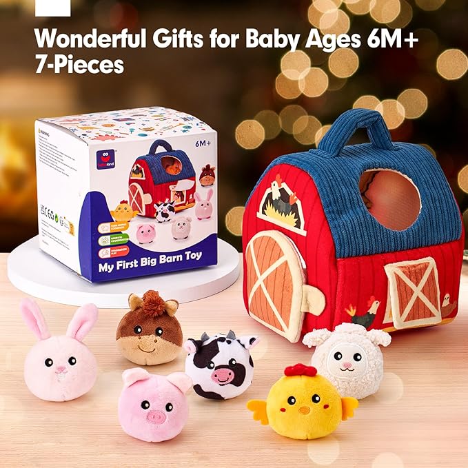 hahaland Baby Toys 6-12 Months - Surprise Barn Stuffed Farm Animals, Rattle, Crinkle, Mirror, Montessori Toys for 6 Month Old Babies Sensory Balls Toddlers 1-3 Gifts Christmas Baby Stocking Stuffers