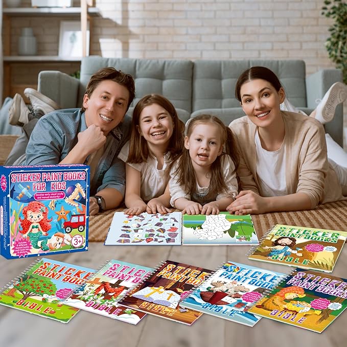 6PCS Bible Paint by Stickers for Kids Ages 4-8 2025 VBS Crafts Sticker by Number Puzzle Activity Book Christian Gift Sunday School DIY Art Kit with Religious Jesus Nativity Tree Noah’s Ark 48 Pictures