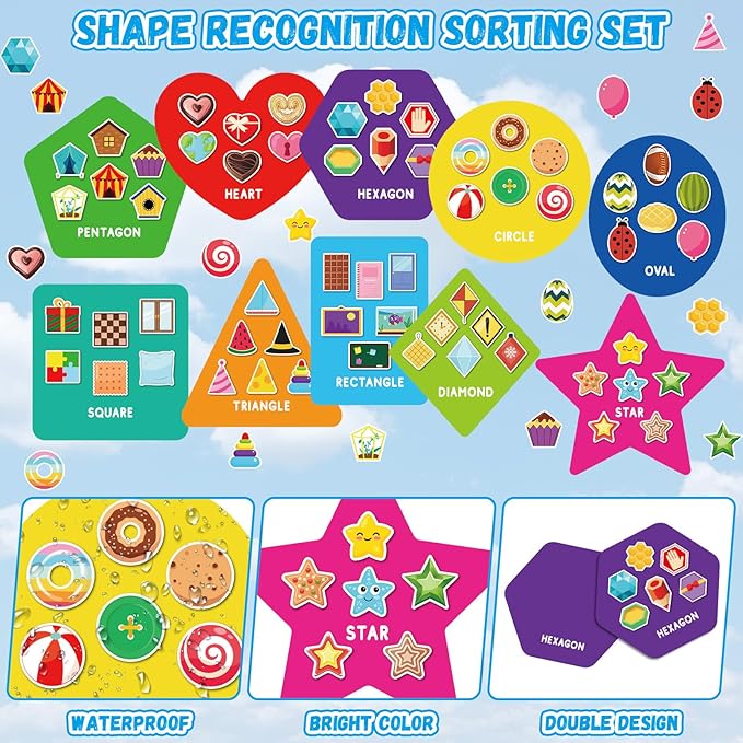 70 Pcs Shape Sorters for Toddlers Shape Puzzle and Matching Games Set with 10 Sorting Mats and 60 Everyday Objects Pieces for Kids Preschool Classroom Child Learning