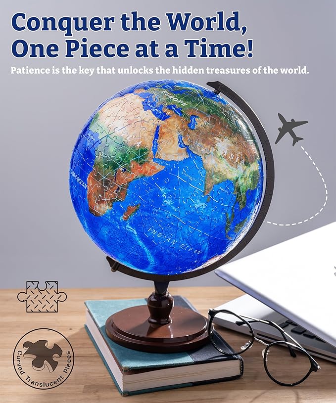 Pintoo 3-D Puzzle Globe Supreme Large 9" Earth Globe Decor with 540 Curved & Translucent & Tactile Puzzle Pieces - Globes of The World for Unisex Adults, Explorers, Business, Home Decoration [A3753]