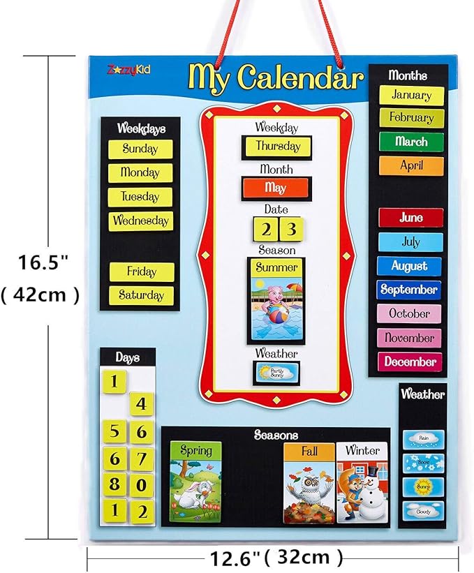 ZazzyKid Magnetic Calendar & Weather Chart for Kids - Preschool Daily Calendar Learning for Days of the Week, Months, Weather & Season Blue