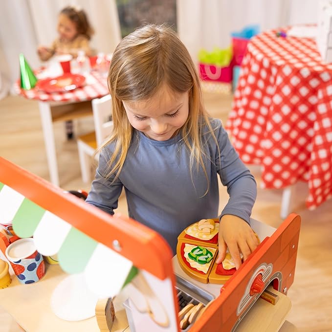 Melissa & Doug Wooden Pizza Food Truck Activity Center with Play Food, for Boys and Girls 3+