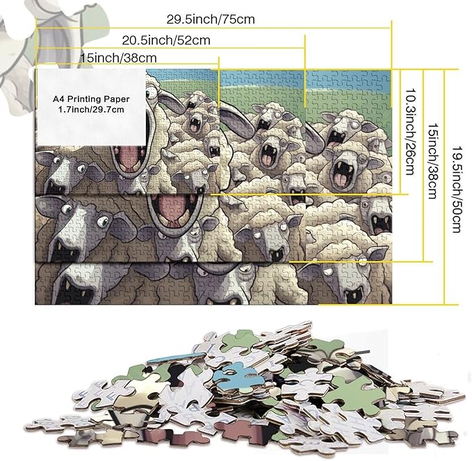 Sheep for Adults Fun 1000 Pieces 3D Animal Thickened Wooden Jigsaw Puzzle Stress Relief Education Game Home Decoration Toy Intellectual Game Relaxation and Intelligence 1000pcs (75x50cm)