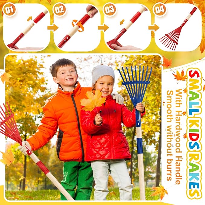 Suclain 2 Pcs Kids Rake with Hardwood Handle Small Child Size Multicolor 28'' Mini Rake for Leaves Lightweight for Children Garden Leaf Yard Tools Gifts
