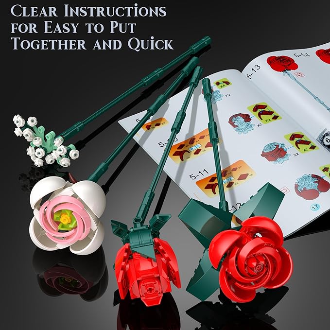 Flowers Bouquet Building Block, 841Pcs Roses Building Set with Vase, Home Office Creative Decoration, Valentine Day, Birthday, Christmas Ideal Gift for Kids, Adults