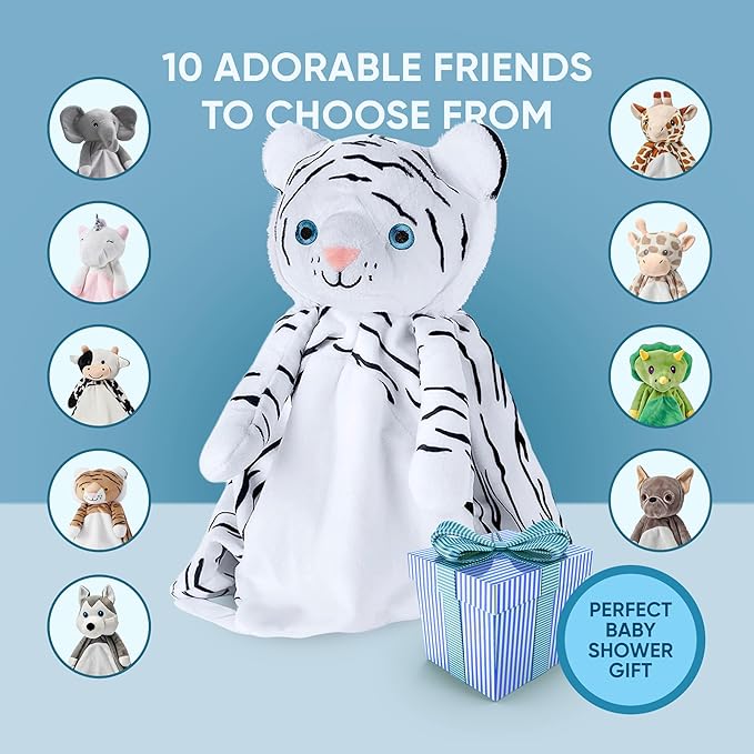 Love By Emi Baby Music Lovey White Tiger, Baby Sleep Soother for Crib & Cuddle Bedtime, White Noise with a Heartbeat & Lullaby, Plush Sound Machine Toy, Stuffed Animal for Newborns, Infants & Toddlers