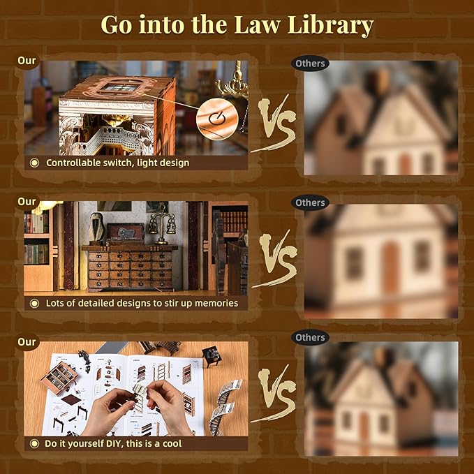 DIY Book Nook Kit for Adults and Teens, Miniature Dollhouse Booknook Kit, 3D Wooden Puzzle Booknook Bookshelf Bookcase Model Build Kit Decor Alley with LED Light (Law Library)