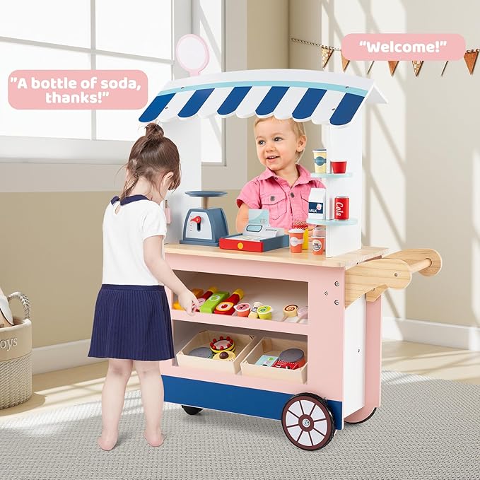 HONEY JOY Kids Food Cart, 30-Piece Toddler Pretend Play Grocery Store Playset w/Cash Register & Scale, Wooden Dessert Shop Play Market, Children Beverage Stand Cart w/Wheels, Gift for Boys Girls