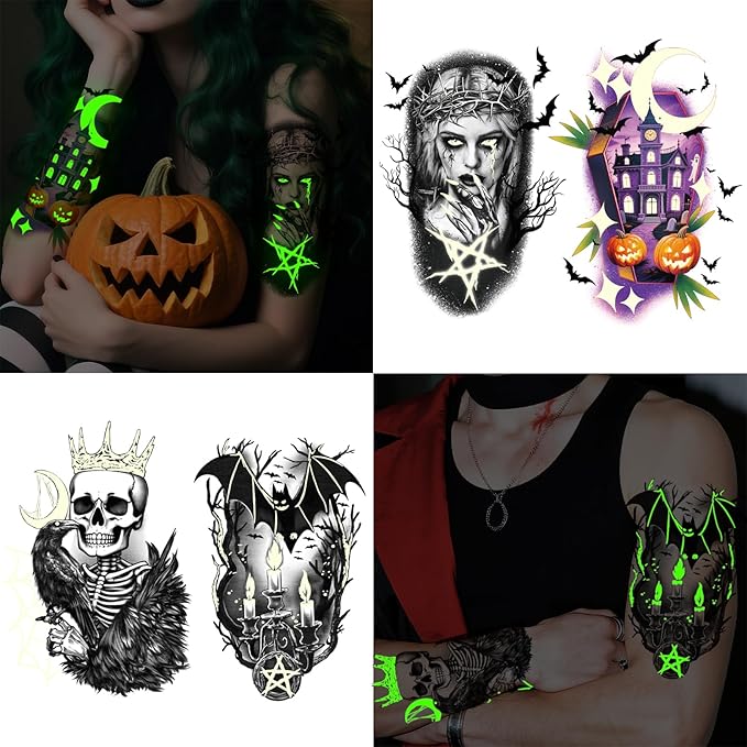39PCS Glow in The Dark Halloween Temporary Tattoos Adult Kids, 9PCS Realistic Half Sleeve Pumpkin Bat Crow Skull Fake Tattoos, 30PCS Luminous Spider Cat Ghost Tiny Face Body Stickers Party Supplies