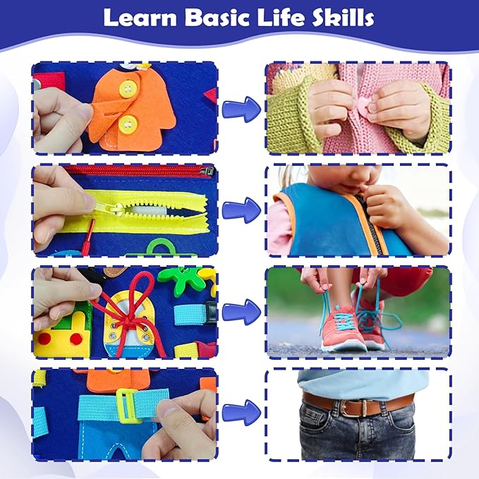 MAJAVI Busy Board Montessori Toys for 1 2 3 4 Year Old, Busy Book for Toddlers 1-3 Boys Girls Birthday Gifts, Sensory Educational Activities Travel Toys for Learning Fine Motor Skills, Blue-3 Pages