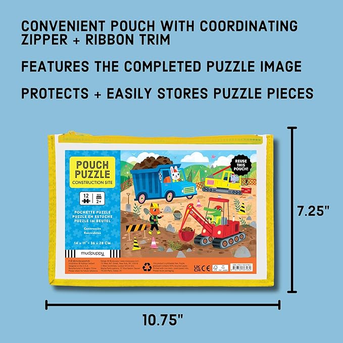 Mudpuppy Construction Site – 12 Piece Puzzle with Reusable Zipper Pouch Featuring Colorful and Fun Illustrations of Vehicles and Animals Workers Perfect for Easy Storage and Travel