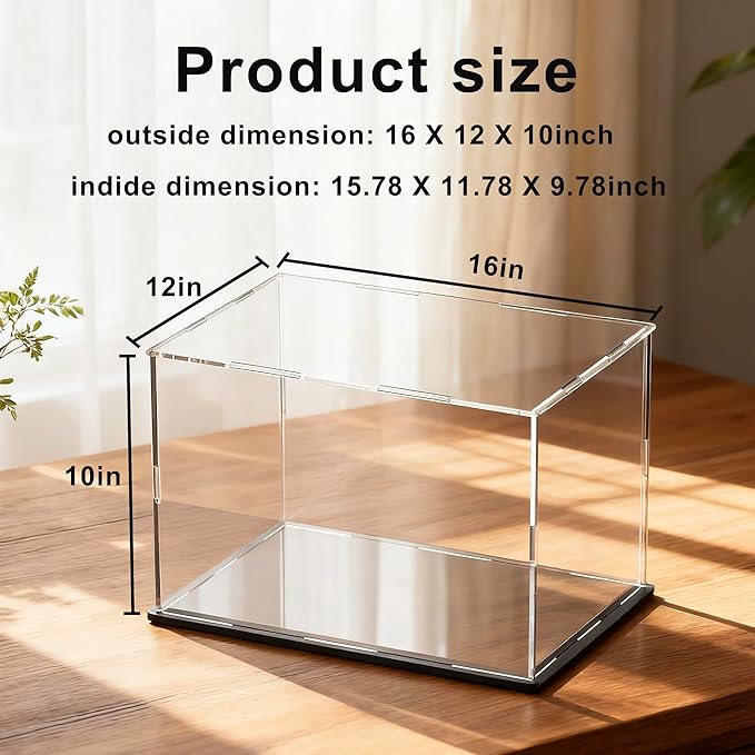 Large Acrylic Display Case for Figures, Clear Acrylic Box with Black Base for showcaseing Miniature, Toys Collectables and Dolls 16 (L) × 12 (W) × 10 (H) inch