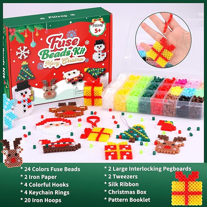 Pllieay 4300PCS Christmas Fuse Beads Kit, 5MM Melty Beads Set, Iron Melting Beads with Pegboards,Ironing Paper and Keychain Accessories, Arts and Crafts Set for Kids Boys Girls Christmas Birthday Gift