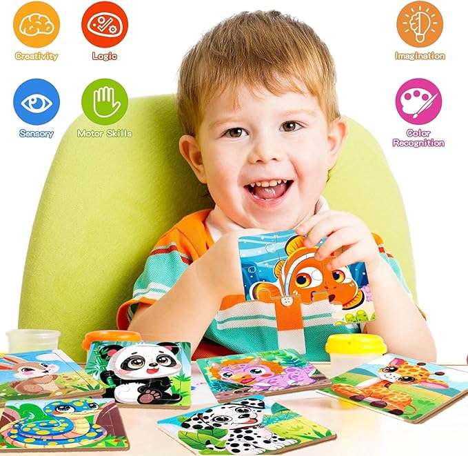 8 Pack Jigsaw Puzzles for Toddlers 1-2 3-6, 9 Piece Animal Wooden Puzzles for Toddlers, Children Learning Educational Puzzles Toys for Boys Girls (Style 2)