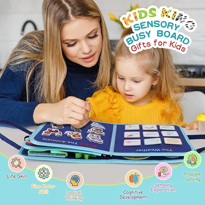 Montessori Busy Board for Toddlers 1-3, Sensory Educational Activities Board for Learning Fine Motor Skills, Travel Toys for Airplane Car, Gift for Girls Boys 2-4 Years Old (Dinosaur)